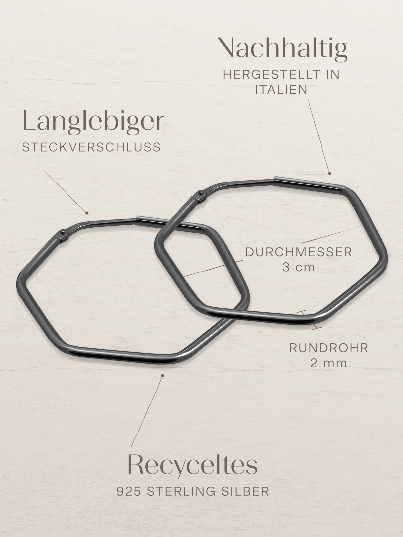 Creolen HEXAGON Dezent Schwarz Rhodiniert-3